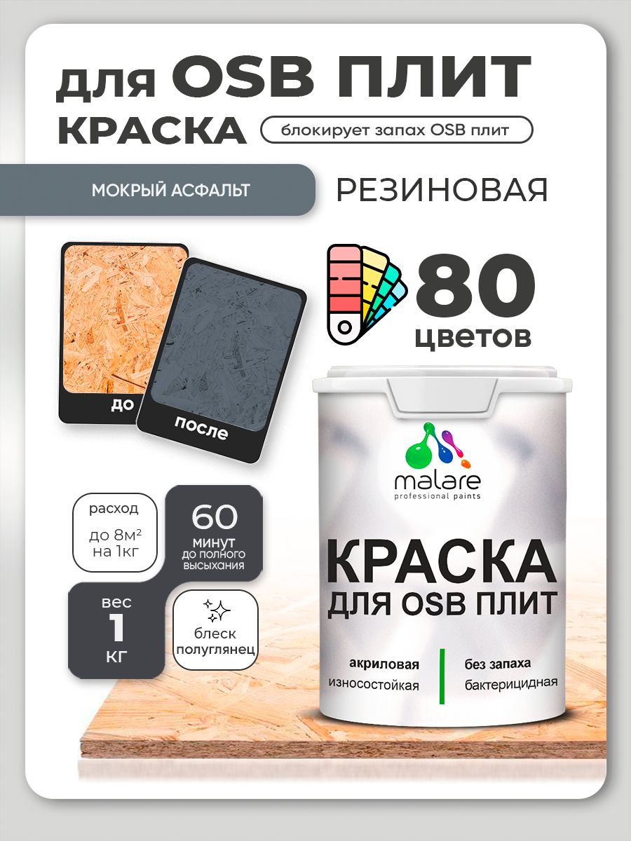 Резиновая краска для ОСБ плит Malare акриловая краска для дерева для наружных и внутренних работ, быстросохнущая без запаха полуглянцевая, мокрый асфальт, 1 кг