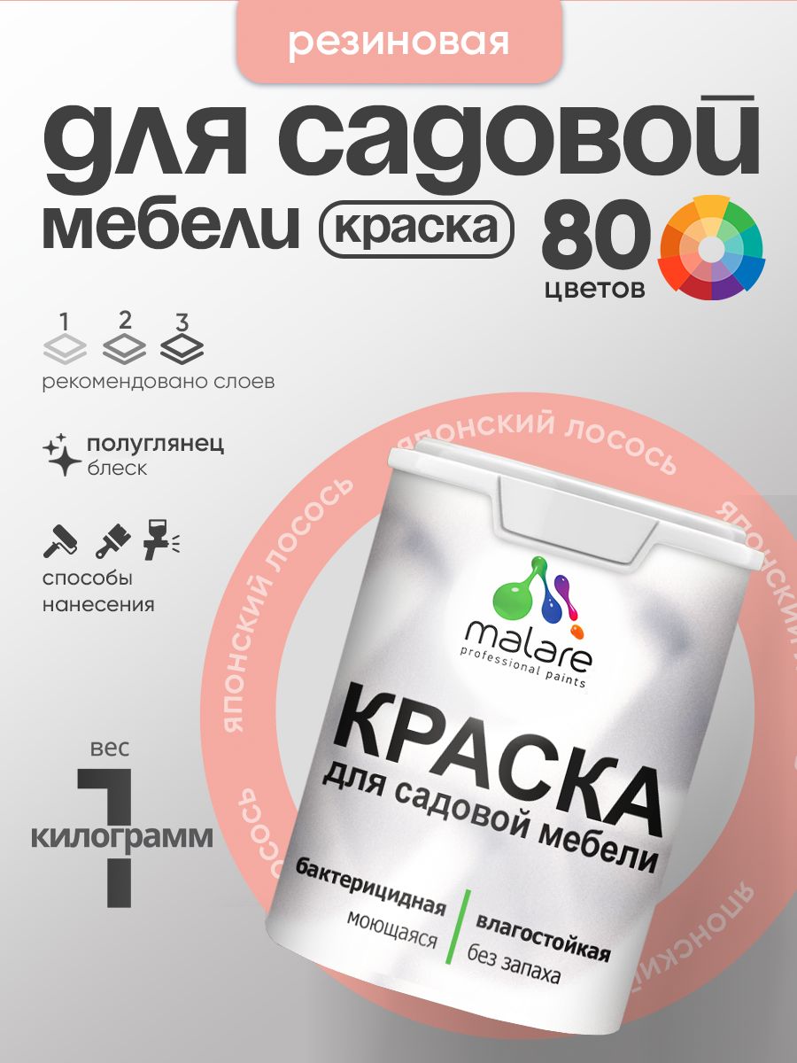 Резиновая краска Malare для садовой мебели/ по дереву, для наружных и внутренних работ/ быстросохнущая моющаяся без запаха полуглянцевая, японский лосось, 1 кг