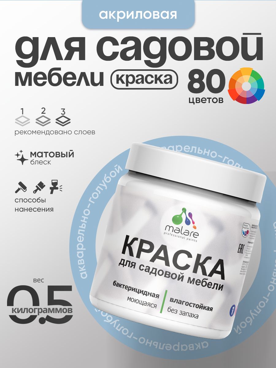 Акриловая краска Malare для садовой мебели/ по дереву, для наружных и внутренних работ/ быстросохнущая моющаяся без запаха матовая, акварельно-голубой, 0.5 кг