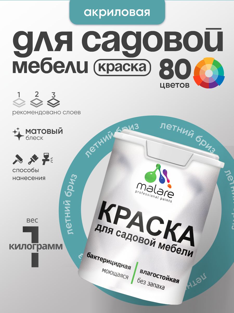 Акриловая краска Malare для садовой мебели/ по дереву, для наружных и внутренних работ/ быстросохнущая моющаяся без запаха матовая, летний бриз, 1 кг