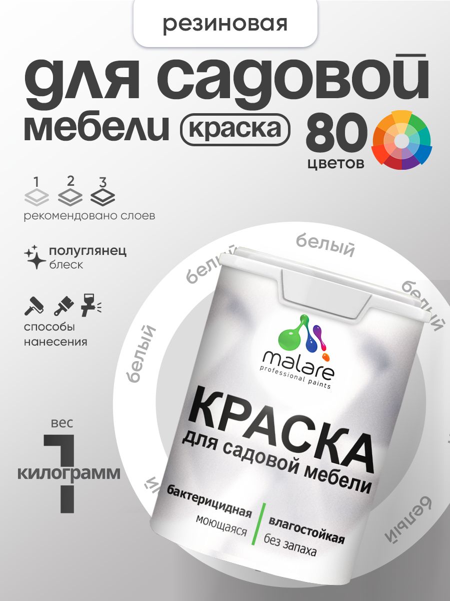 Резиновая краска Malare для садовой мебели/ по дереву, для наружных и внутренних работ/ быстросохнущая моющаяся без запаха полуглянцевая, белая, 1 кг