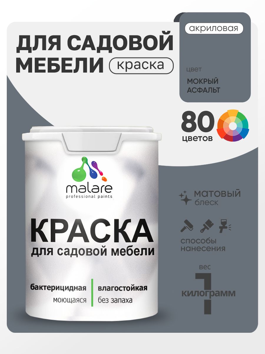 Акриловая краска Malare для садовой мебели/ по дереву, для наружных и внутренних работ/ быстросохнущая моющаяся без запаха матовая, мокрый асфальт, 1 кг