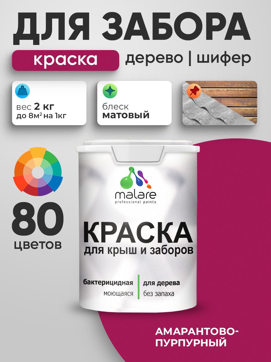 Акриловая краска Malare для деревянного забора/ по дереву для наружных и внутренних работ/ быстросохнущая моющаяся без запаха, матовая, амарантово-пурпурный, 2 кг.