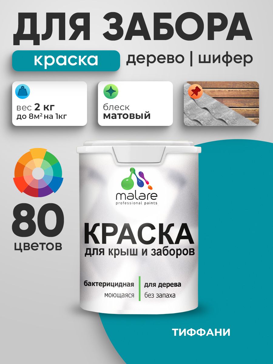 Акриловая краска Malare для деревянного забора/ по дереву для наружных и внутренних работ/ быстросохнущая моющаяся без запаха, матовая, тиффани, 2 кг.