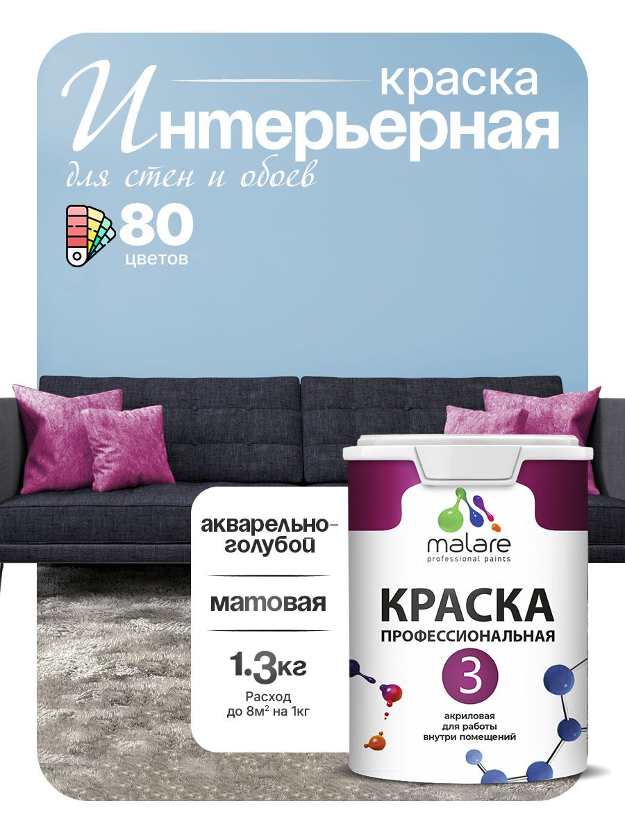 Краска Malare Professional Euro №3 интерьерная для стен и обоев, для потолка, акриловая, быстросохнущая, без запаха, матовая, акварельно-голубой, (1л - 1.3кг)