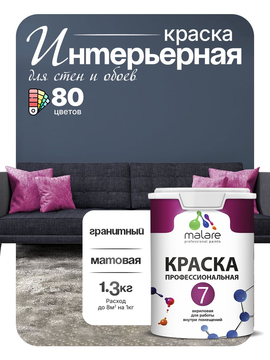 Краска Malare Professional Euro №7 интерьерная для стен и обоев, для потолка, акриловая, быстросохнущая, без запаха, матовая, гранитный, (1л - 1.3кг)