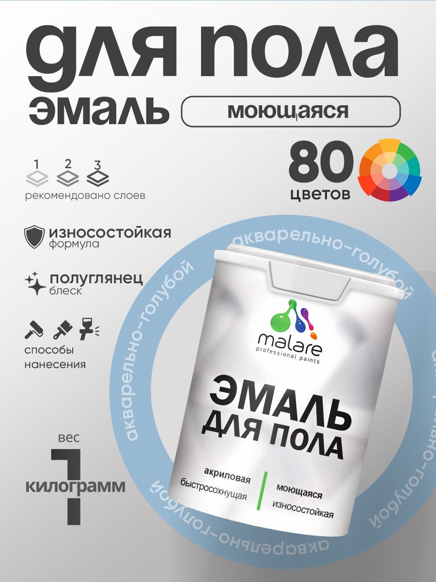 Эмаль для пола акриловая Malare краска для бетонных полов по дереву/ износостойкая без запаха, быстросохнущая моющаяся полуглянцевая, акварельно-голубой, 1 кг