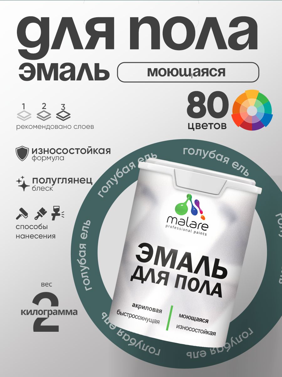 Эмаль для пола акриловая Malare краска для бетонных полов по дереву/ износостойкая без запаха, быстросохнущая моющаяся полуглянцевая, голубая ель, 2 кг