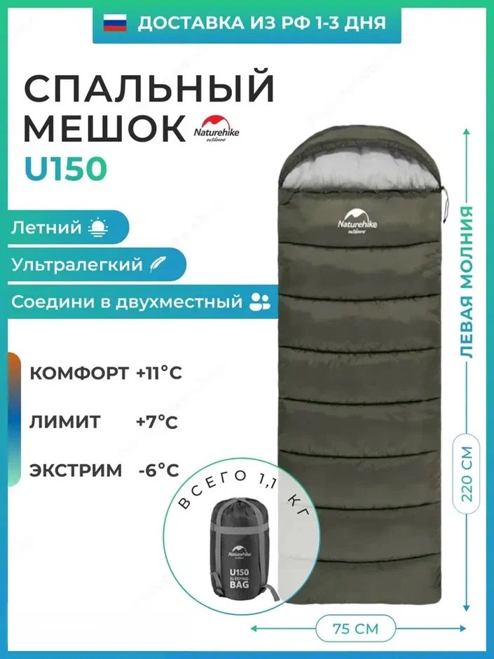 СпальныймешокNaturehikeu150/до-6C,зеленый,молнияслева/превращаетсявдвухместныйспальник