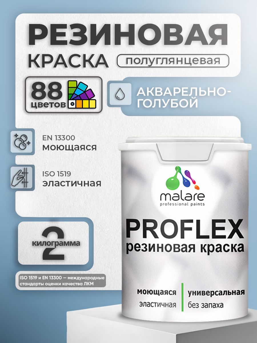 Краска резиновая Malare ProfleX (серия "Пастельные тона") жидкая резина для наружных и внутренних работ, быстросохнущая моющаяся, полуглянцевая, акварельно-голубой, 2 кг