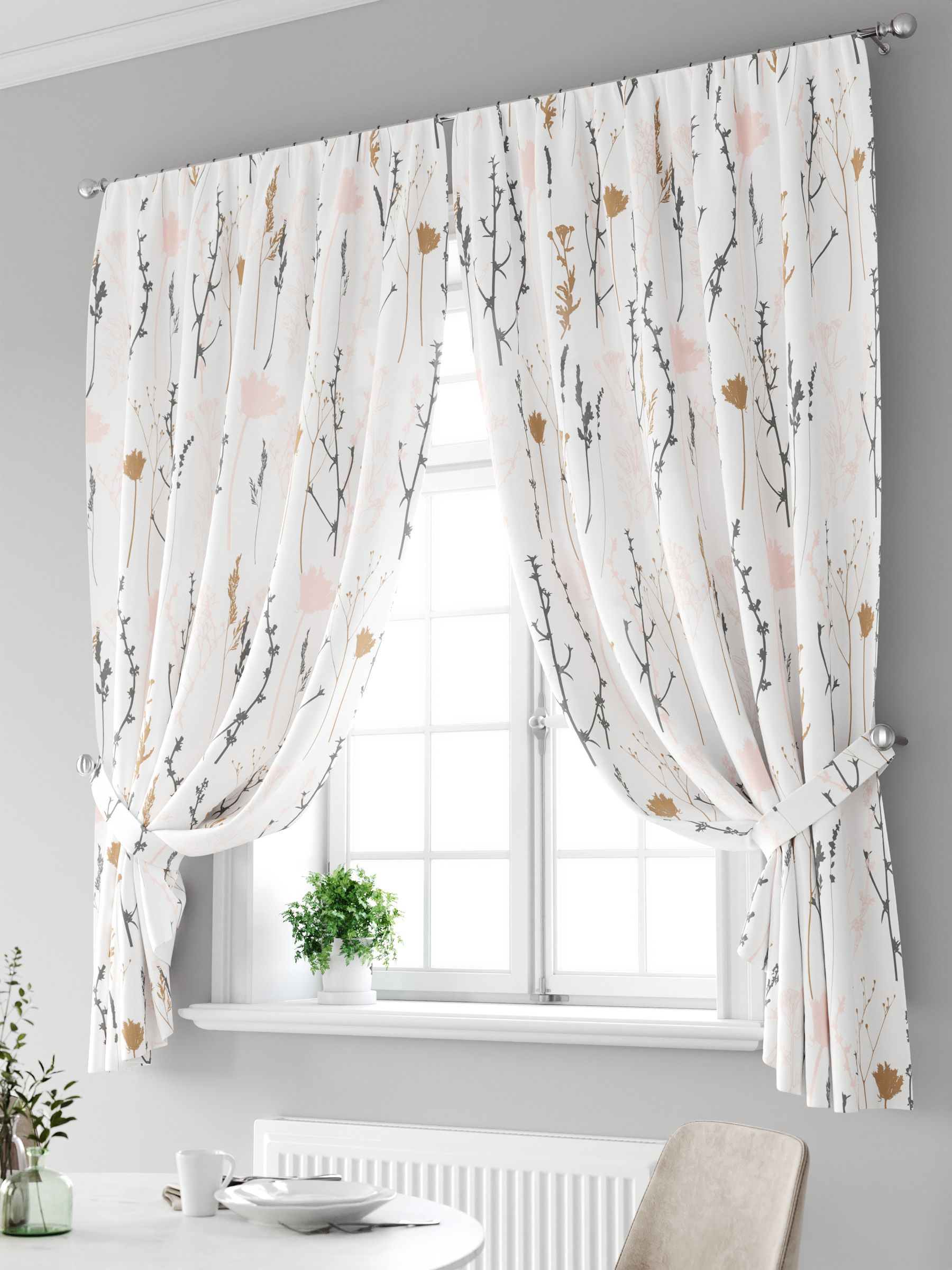 Шторыдлякухникороткиеширина150высота180смкомплект2штLimoncelloготовыекороткиезанавескисподхватамиирисункомтраваилистья