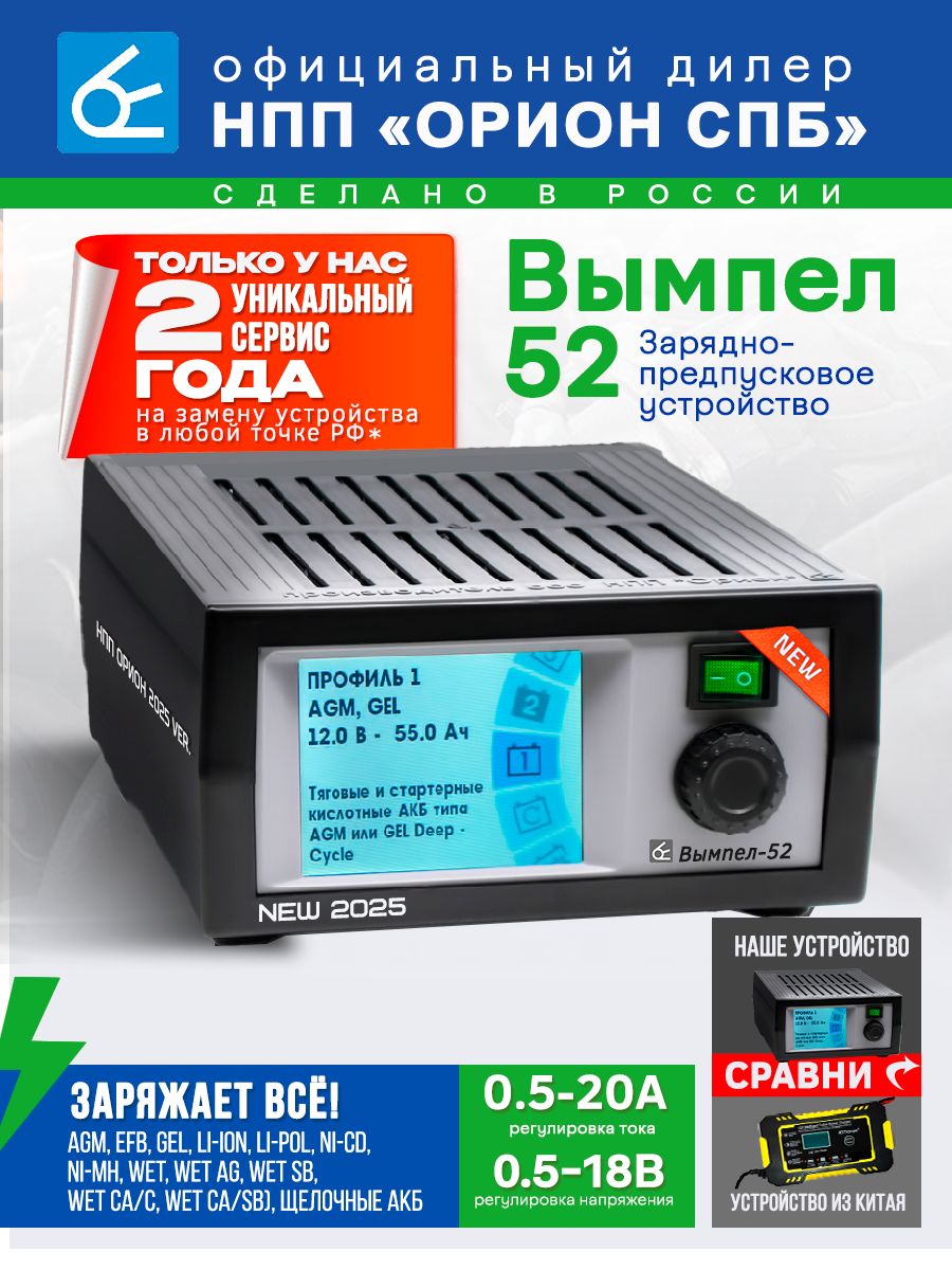 ЗарядноеустройстводляаккумуляторовавтомобиляВымпел52(интеллектуальное,всетипыАКБ,предпусковое,20А,блокпитания,ЖК)
