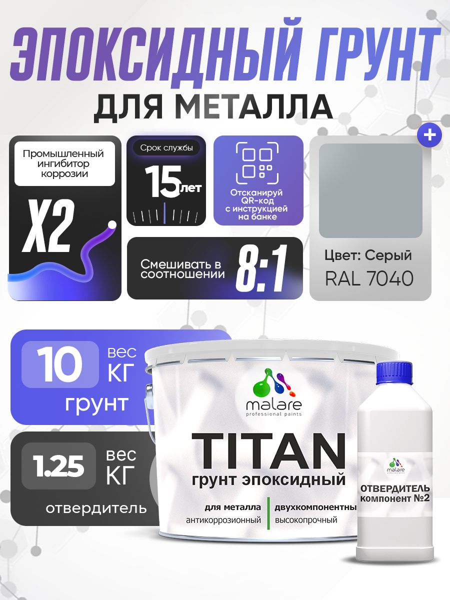 2К Грунт эпоксидный для металла TITAN Malare, двухкомпонентная грунтовка антикоррозионная высокопрочная, серый RAL 7040, 10 кг + 1,25 кг отвердитель