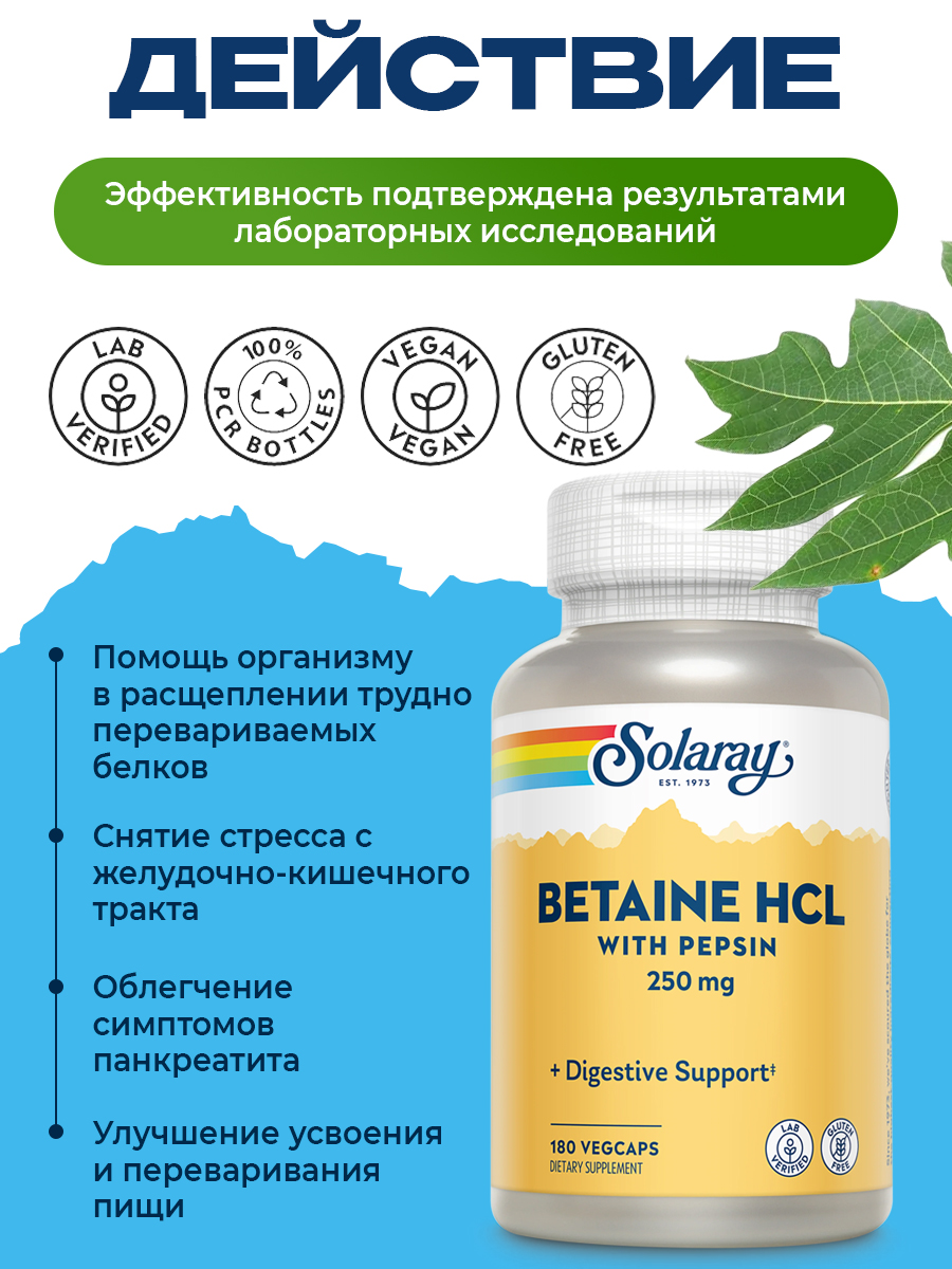 Solaray, Betaine HCl with Pepsin 250mg, 180 VegCaps