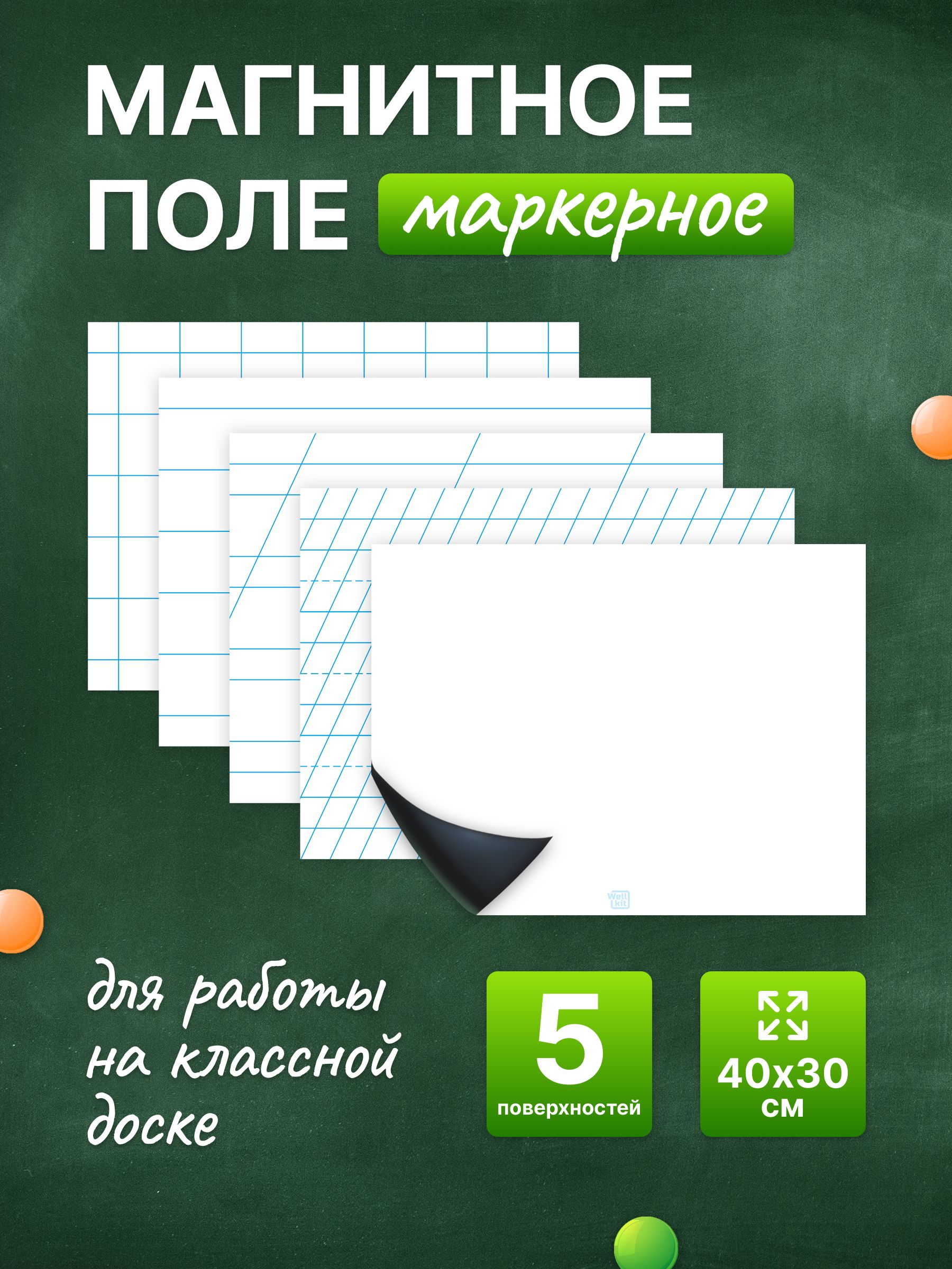 Разлиновка магнитная для школьной доски комплект 5 в 1, 40х30. WellKit