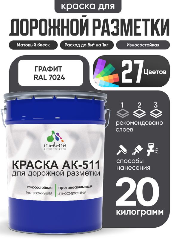 Дорожная краска АК-511 Malare для дорожной разметки, краска для пола по бетону, износостойкая, быстросохнущая, матовая RAL 7024, графитово-серый(темный), 20 кг