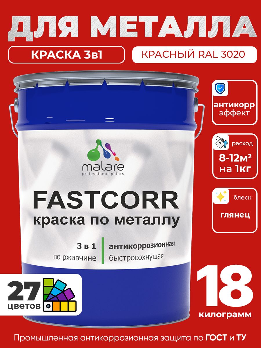 Краска для металла по ржавчине Malare FastCorr, для наружных работ износостойкая, быстросохнущая RAL 3020 красный, глянцевая, 18 кг