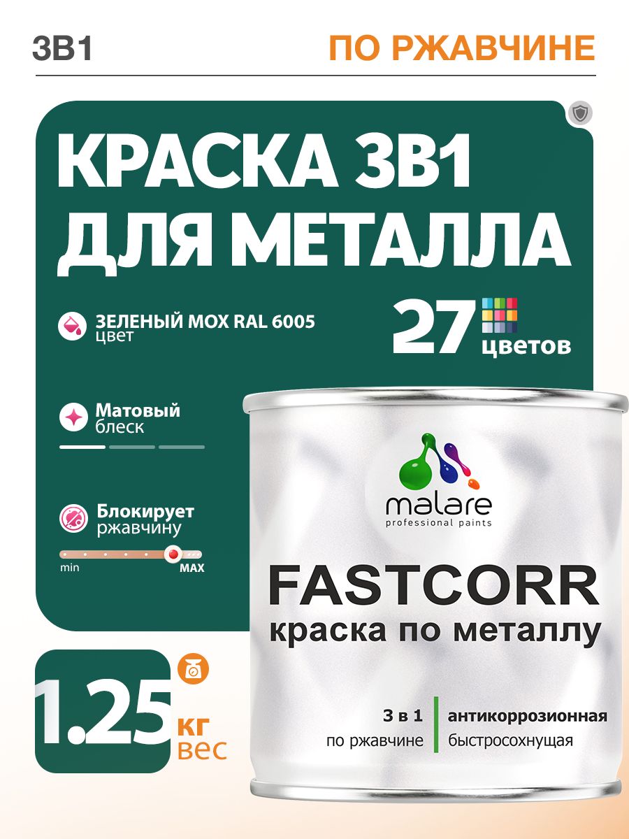 Краска для металла по ржавчине Malare FastCorr, для наружных работ износостойкая, быстросохнущая RAL 6005 зелёный мох, матовая, 1,25 кг