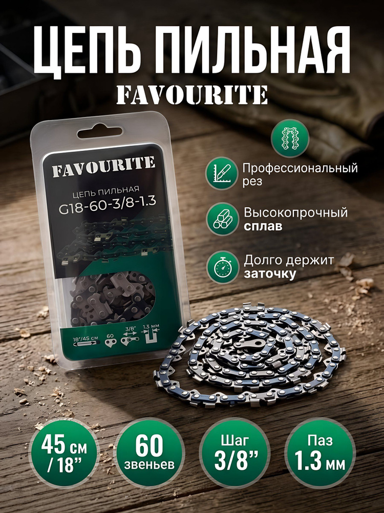 Цепь пильная Favourite G18-60-3/8-1.3, 45 см, 60 звеньев, шаг 3/8 дюйма, паз 1.3 мм #1