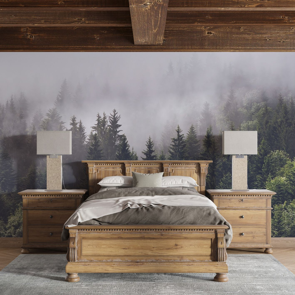 Фотообои 525х270 см Туманный лес и Горы в тумане / обои флизелиновые на стену в спальню, на кухню, в #1