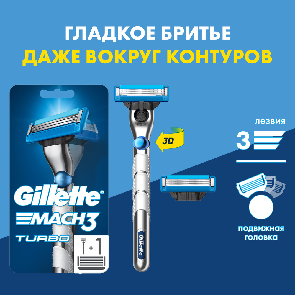 Бритвенный станок GIllette Mach3 Turbo 3D с 2 сменными кассетами #1