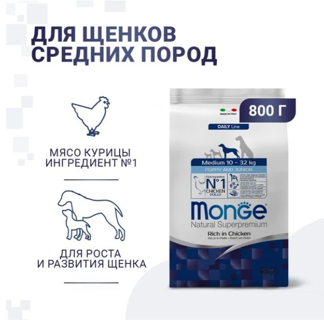 Корм для щенков средних пород сухой Monge Dog Daily Line Medium из курицы 800 г  #1