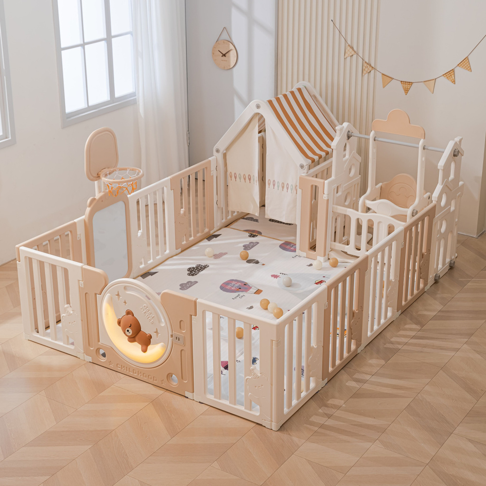 Большой детский игровой манеж, комплекс с качелями UNIX Kids DeLuxe House  180x200 см Camel из пластика, с игровым домиком, баскетбольной стойкой, ...