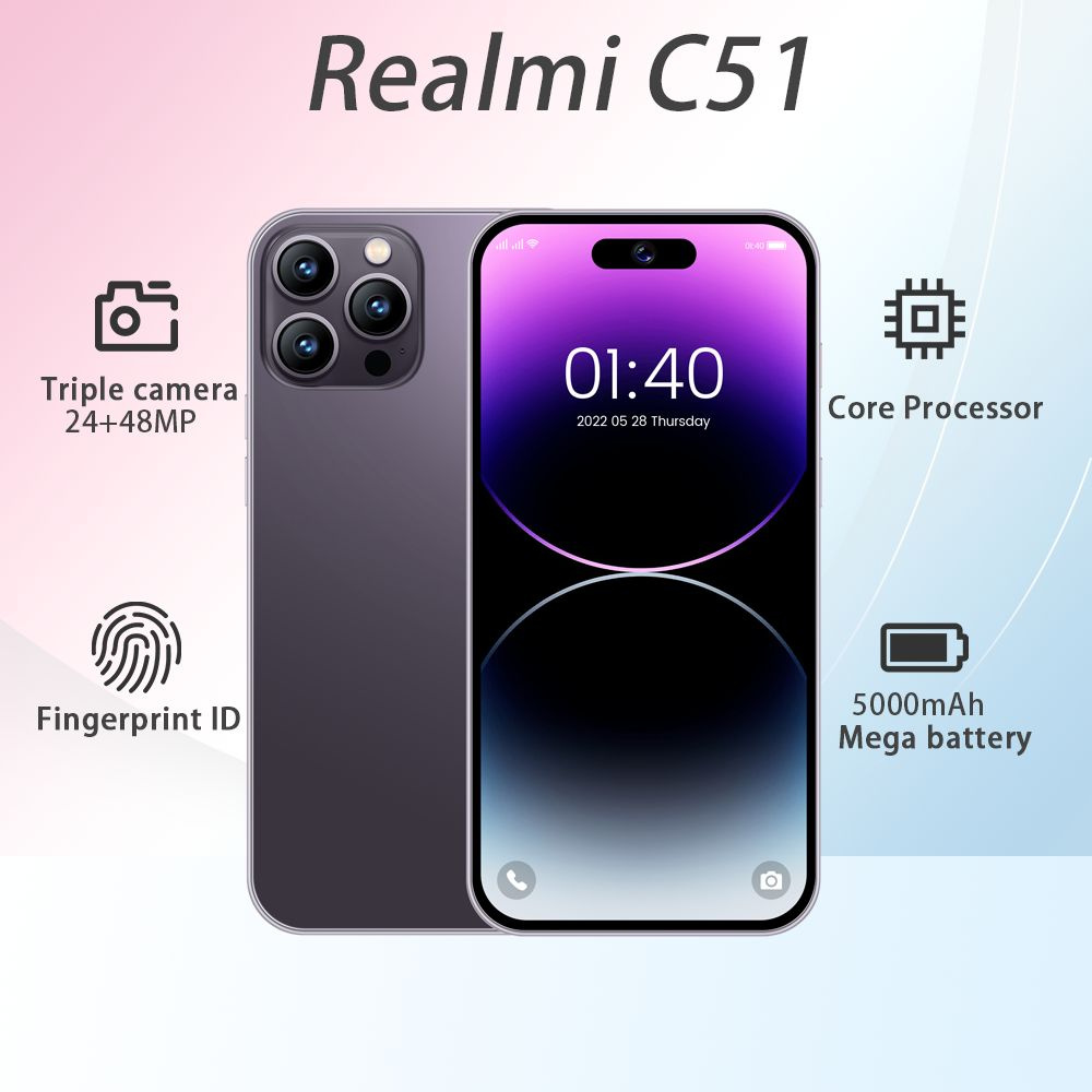 Смартфон Смартфон Игровой телефон Realmi C51 HD Ultimate Edition с  6.8-дюймовым большим экраном, сетью 3G / 4G / 5G, двумя sim-картами и  двойным ...