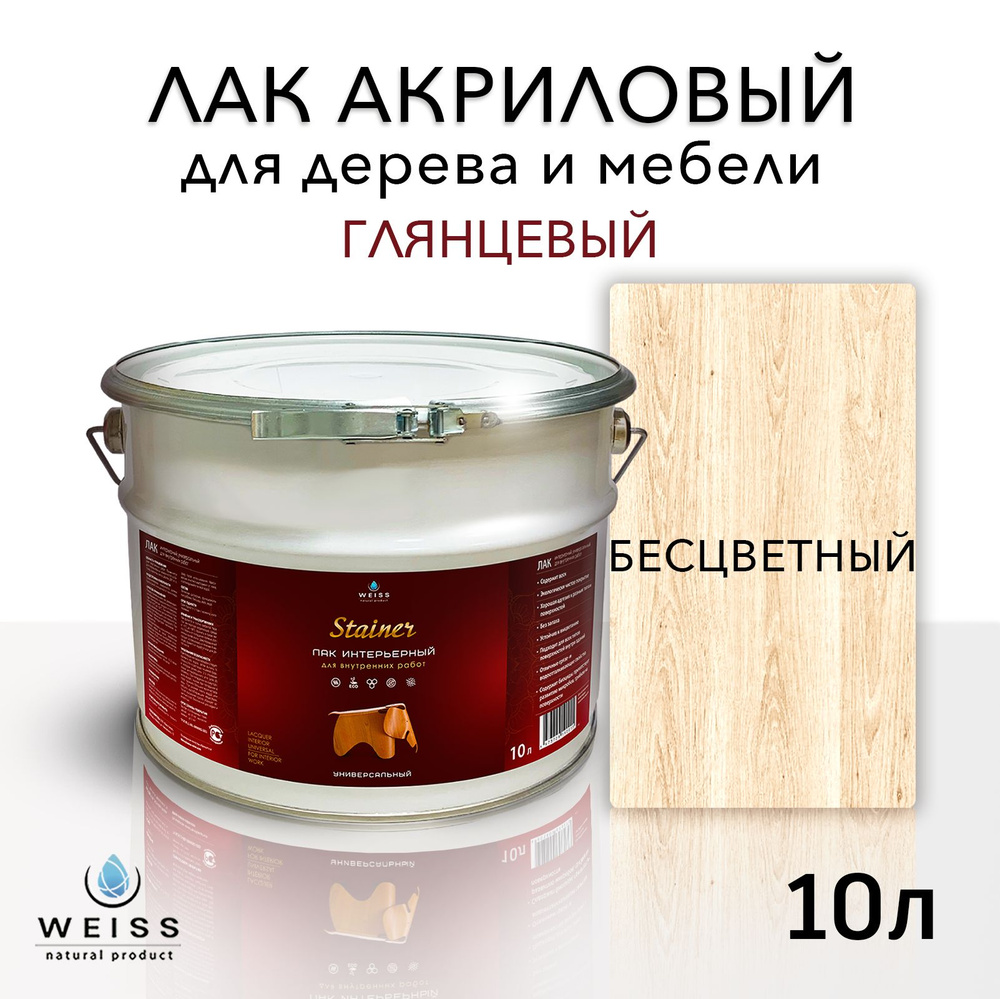 Лак для дерева акриловый бесцветный, глянцевый, Weiss natural product, без запаха, самовыравнивающийся, #1