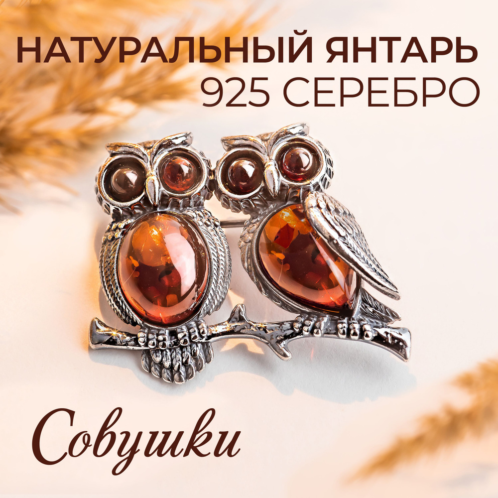 Ювелирная брошь с янтарем Сова из серебра 925 пробы #1