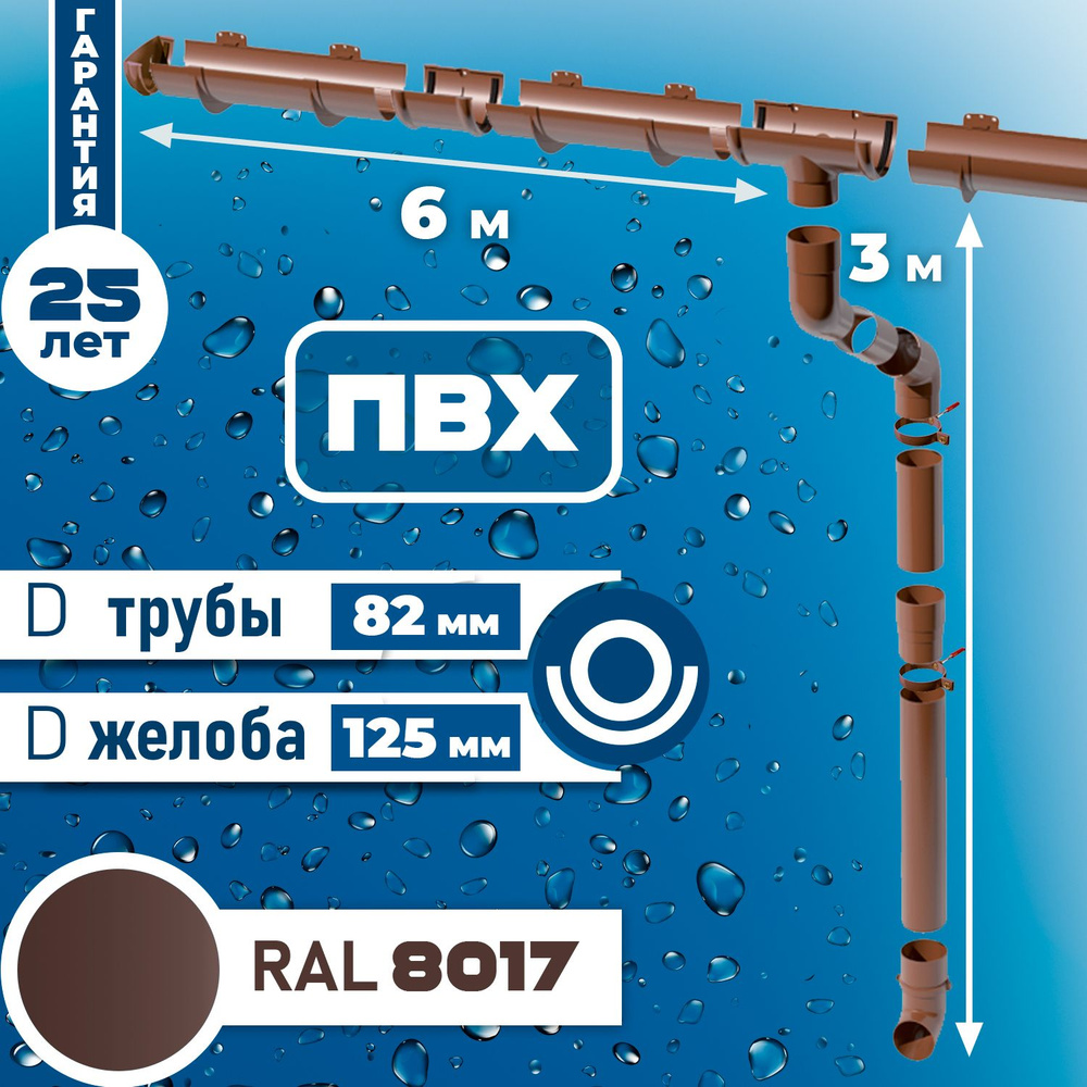 Водосточная система (125мм / 82 мм) 6 м коричневый водосток для крыши ...