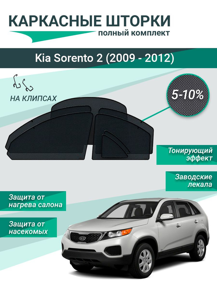 Каркасные шторки для Kia Sorento 2 (2009 - 2012) на фиксаторах, сетки на все стекла  #1