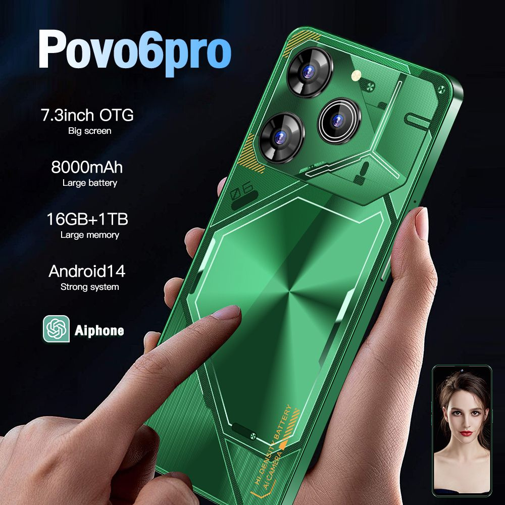 Смартфон Povo6pro, объем памяти 16+ 1024 ГБ, аккумулятор емкостью 8000 мАч,игровые смартфоны серии Android #1