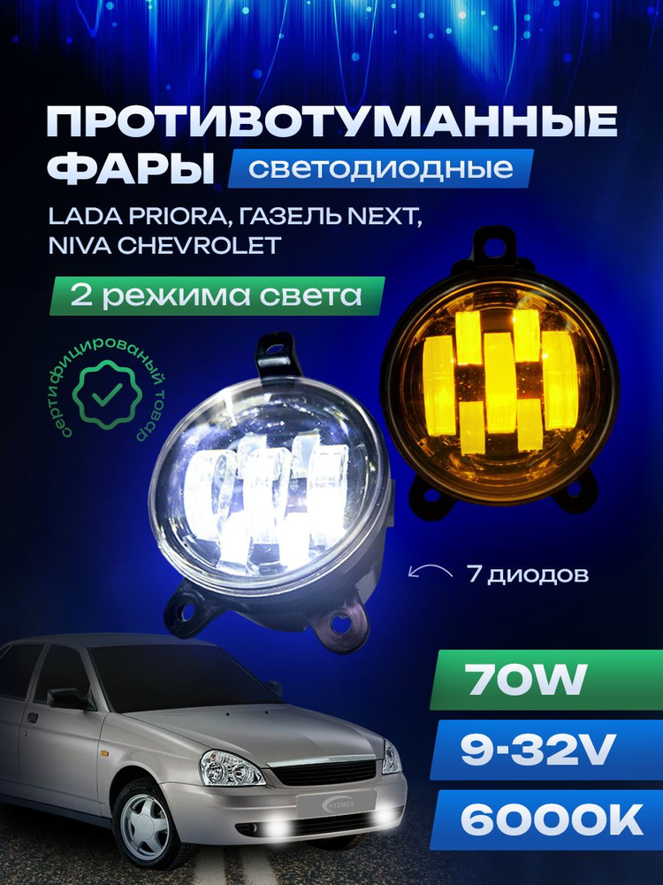 Фара противотуманная Лада Ларгус светод с линзами 2 режима (бел/жёл) (к-т)!!!!