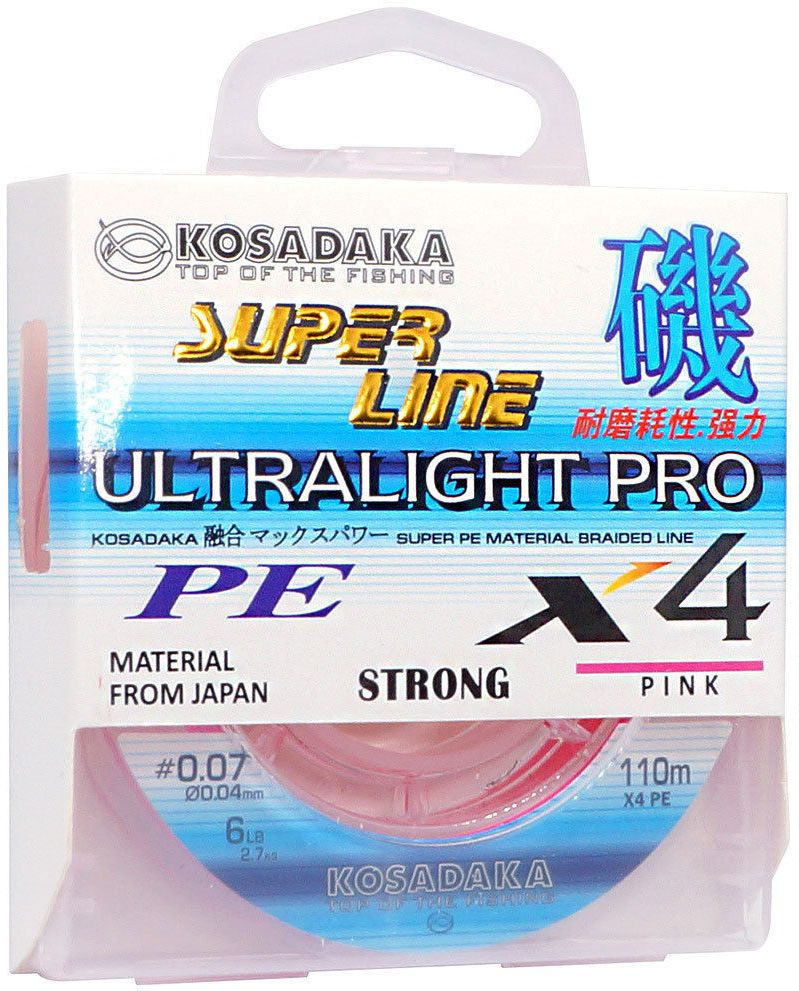 Леска плетеный шнур Kosadaka SUPER LINE PE X4 Ultralight PRO 110м, цвет pink, 0,04мм, 2,7кг  #1