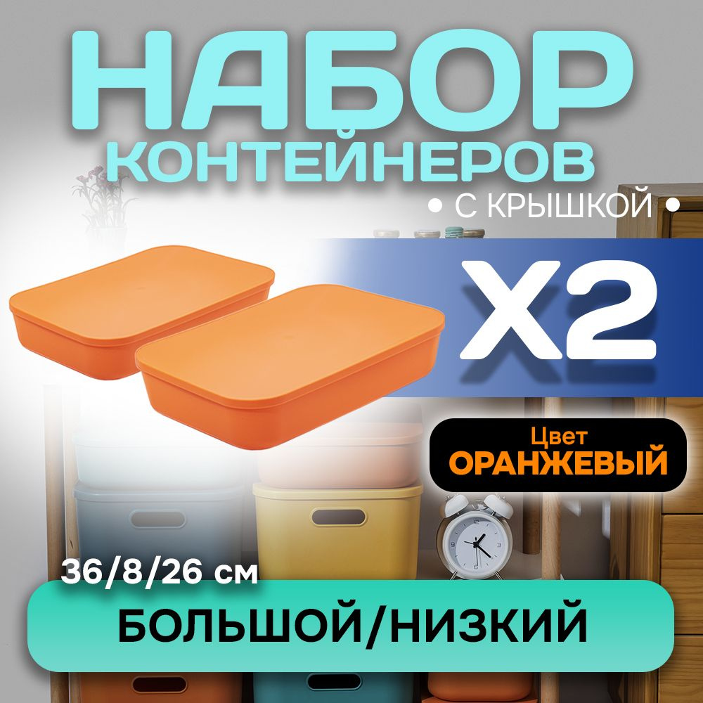 Набор из 2-х контейнеров с крышкой для хранения пластиковый цветной SH179 (оранжевый низкий большой) #1