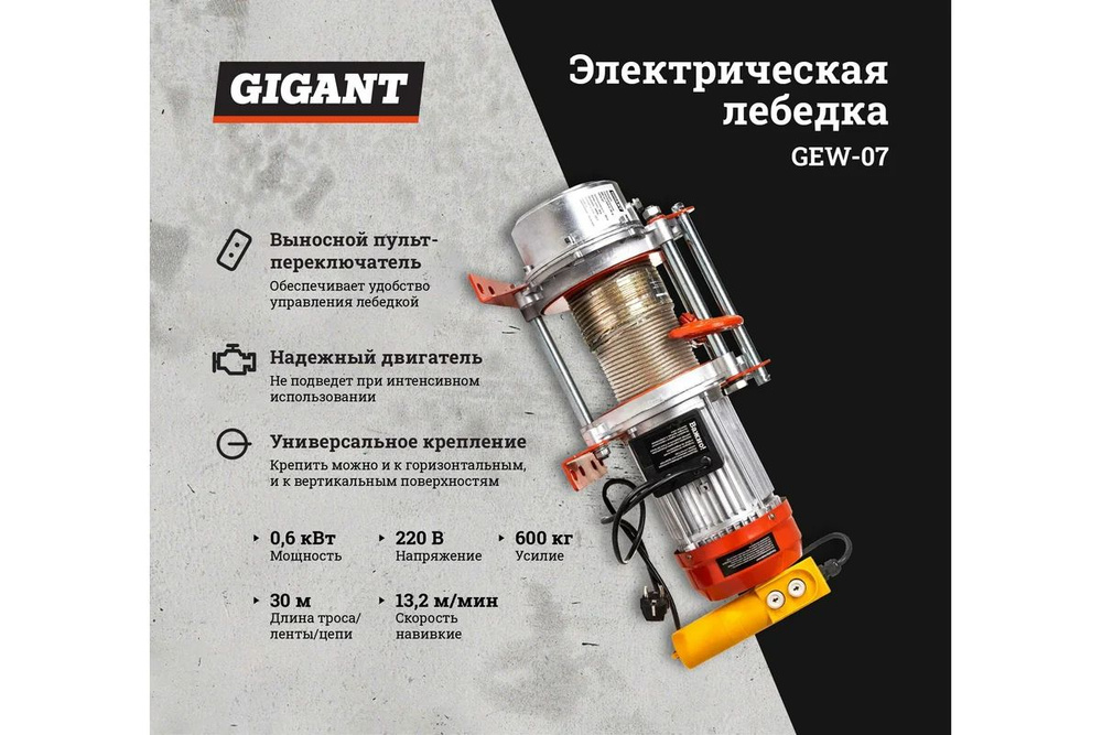 Электрическая лебедка Gigant 300/600 кг, 220 В, 30/15 м GEW-07 #1