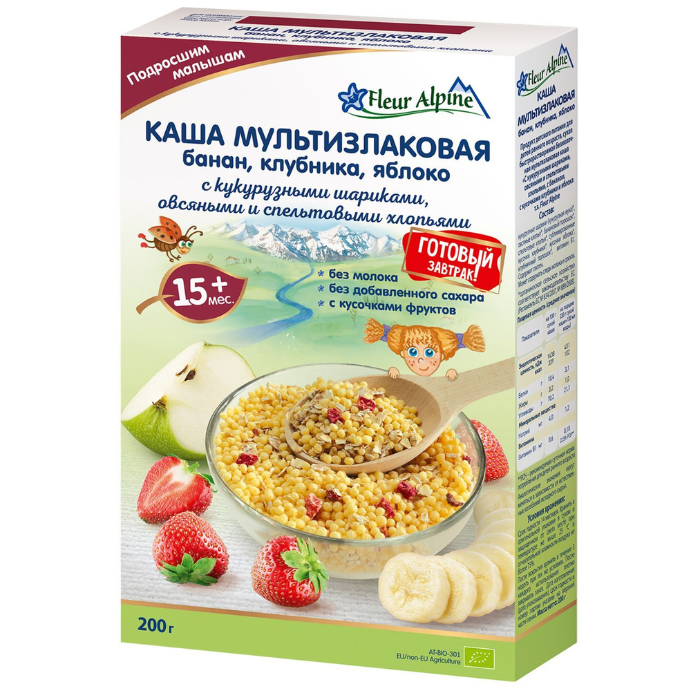 Готовый завтрак каша мультизлаковая Fleur Alpine банан, клубника, яблоко с кукурузными шариками, овсяными #1