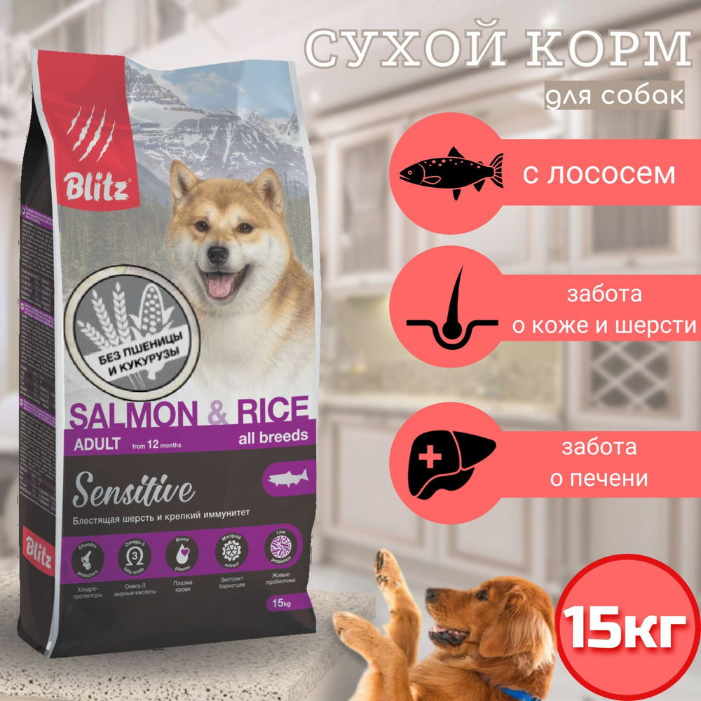 BLITZ ADULT SENSITIVE SALMON & RICE сухой корм для взрослых собак всех пород ЛОСОСЬ С РИСОМ 15кг  #1