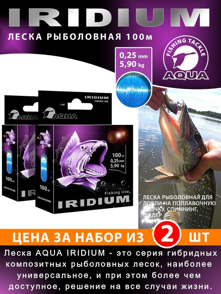 Леска для рыбалки AQUA Iridium 100m 2шт 0,25mm-5,90kg (#PE 2,2), цвет - голубой / для удочки, фидера, #1