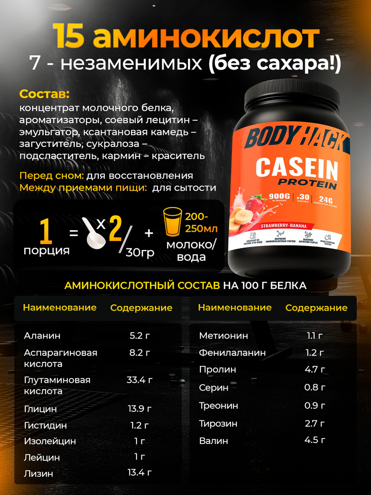 Казеиновый протеин BODYHACK казеин мицеллярный для похудения и массы "Клубника-банан", 900 г #1