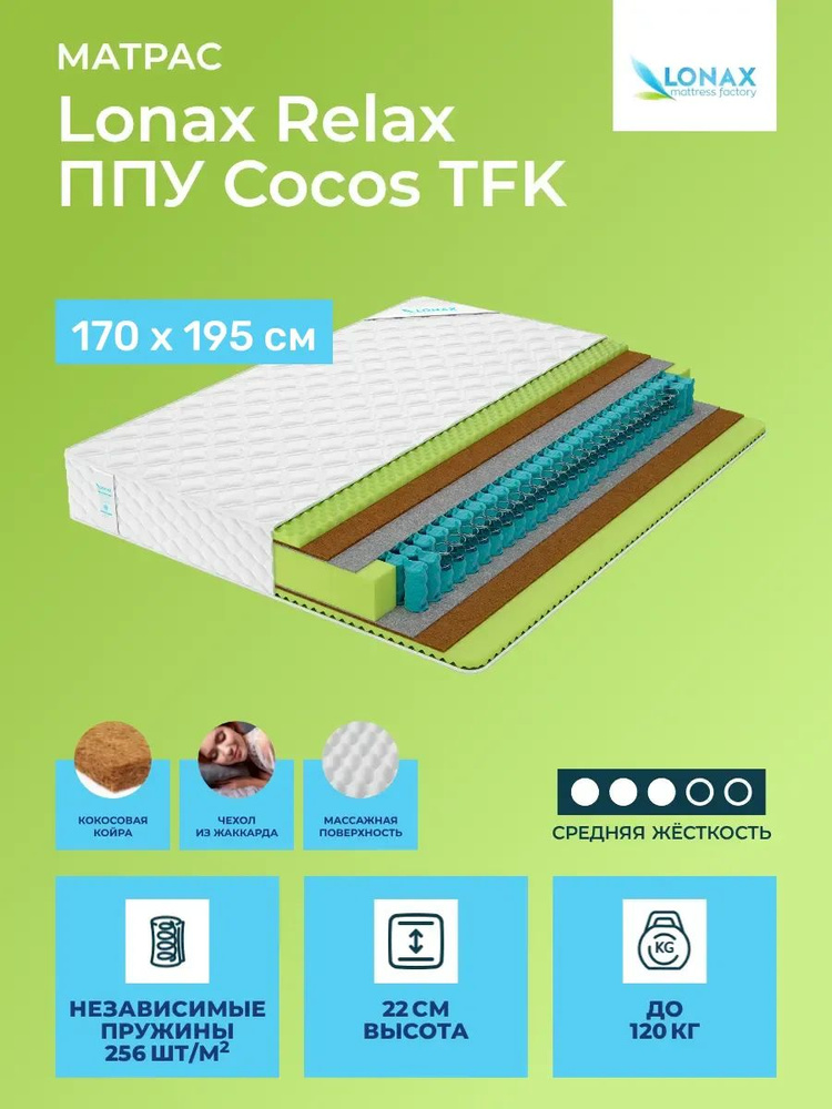 Матрас 170х195 Lonax Relax ППУ Cocos TFK, независимые пружины, двусторонний с одинаковой жесткостью, #1