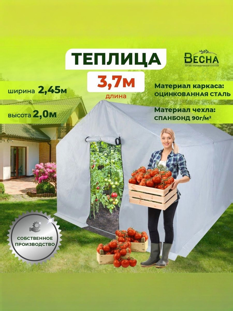 Теплица 3,7x2,45x2м, Весна XL, стальная оцинкованная, чехол из спанбонда, теплица дачная, парник для #1