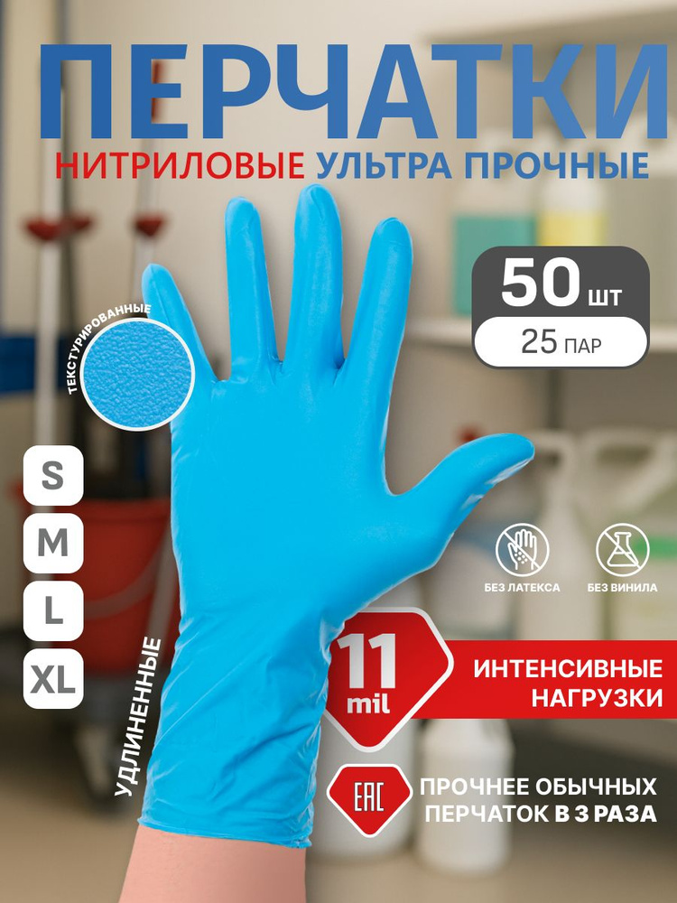 Перчатки нитриловые ультра прочные HIGH RISK удлиненные 11 MIL, размер М #1
