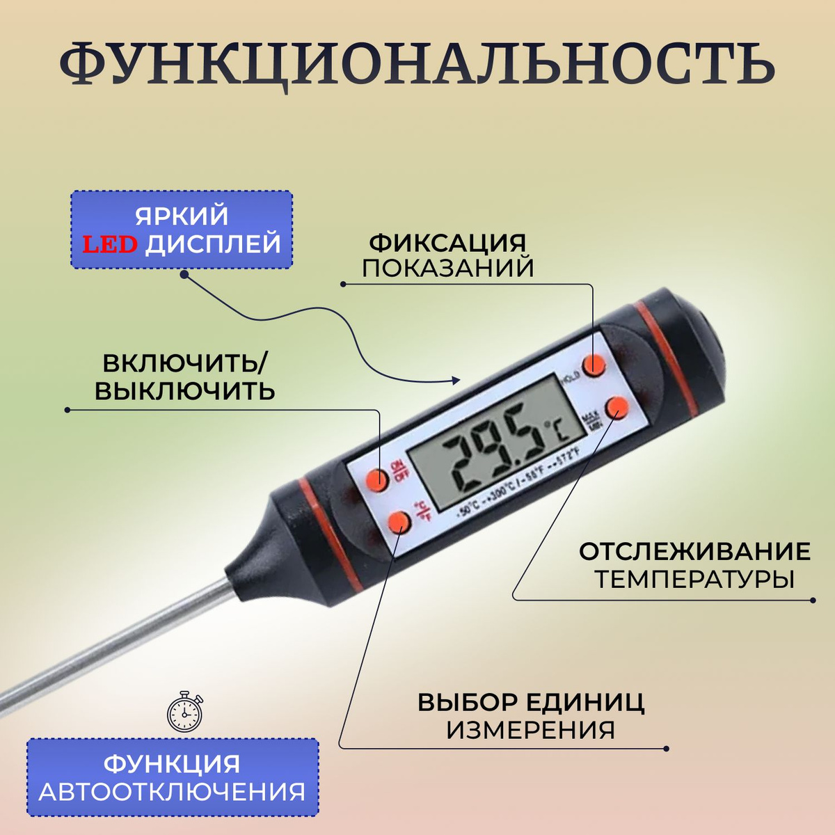 Кулинарный термометр IHouse, с щупом 15 см, для еды, Металл, Пластик ...