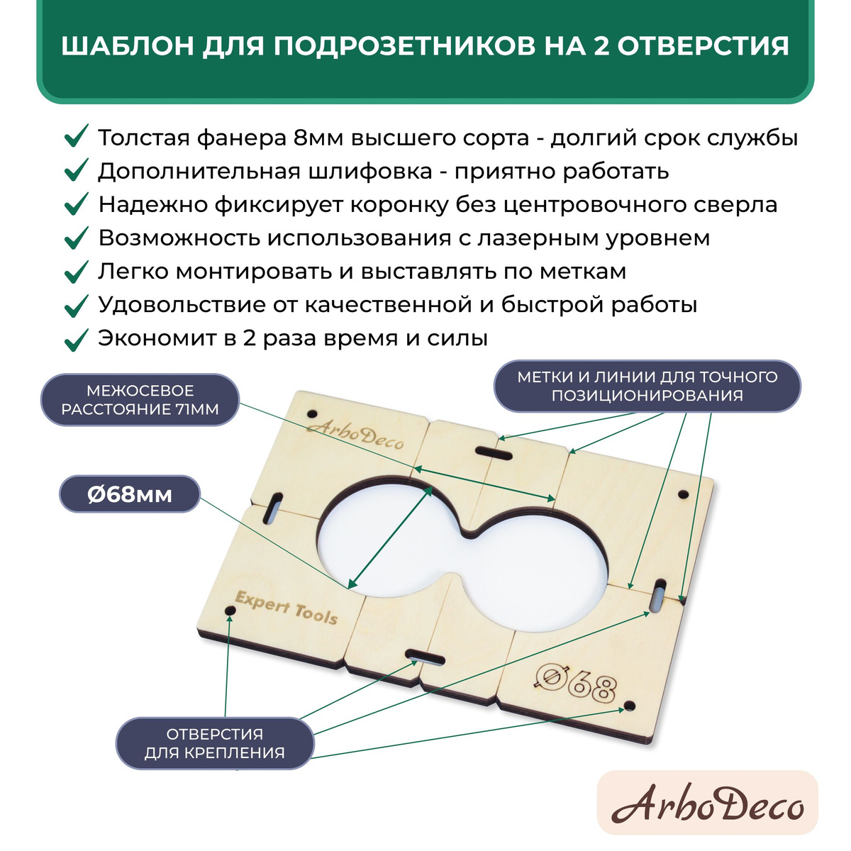 Шаблон для подрозетника на 2 отверстия 68 мм