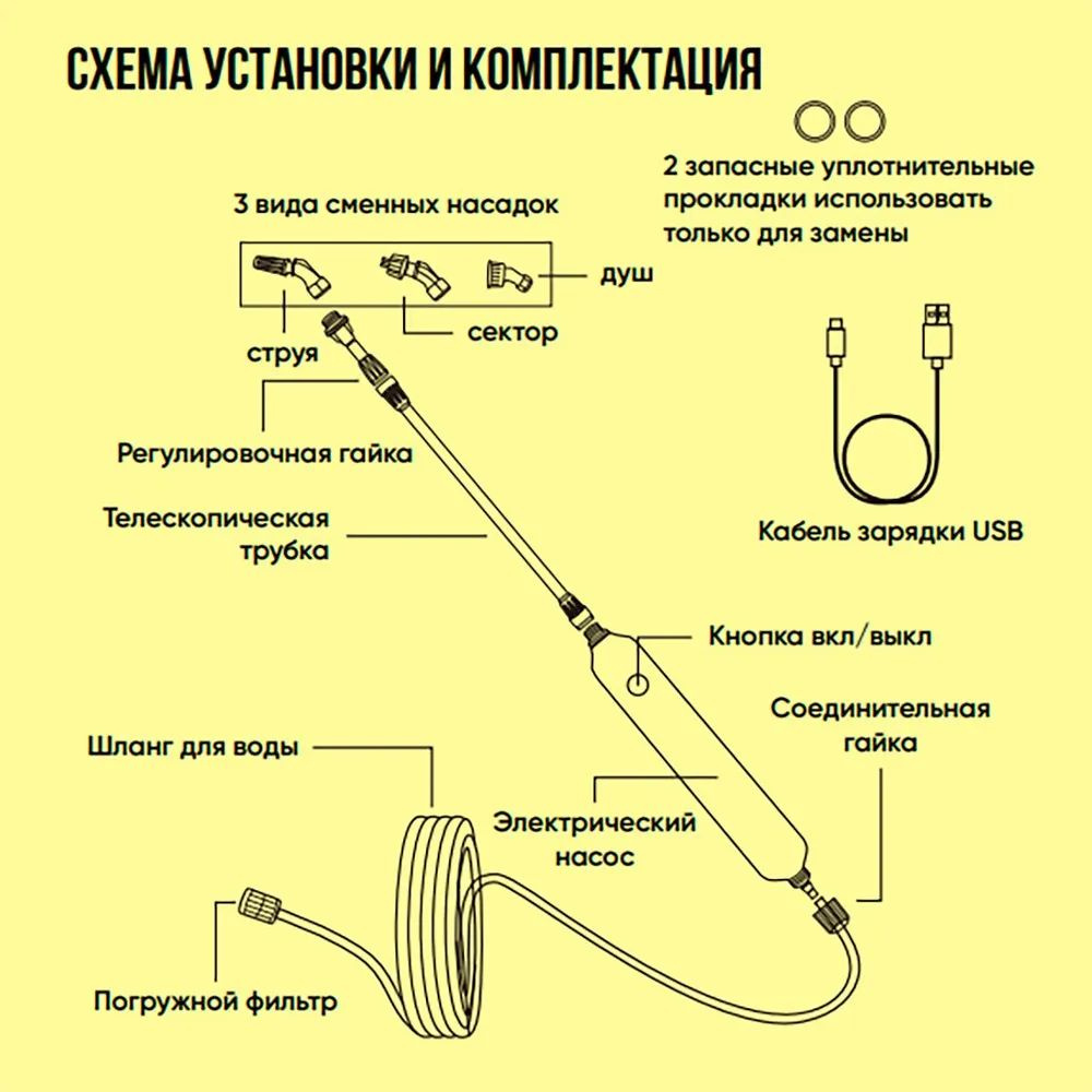 Аккумуляторный садовый опрыскиватель с 3 насадками и 3м водопроводной ...