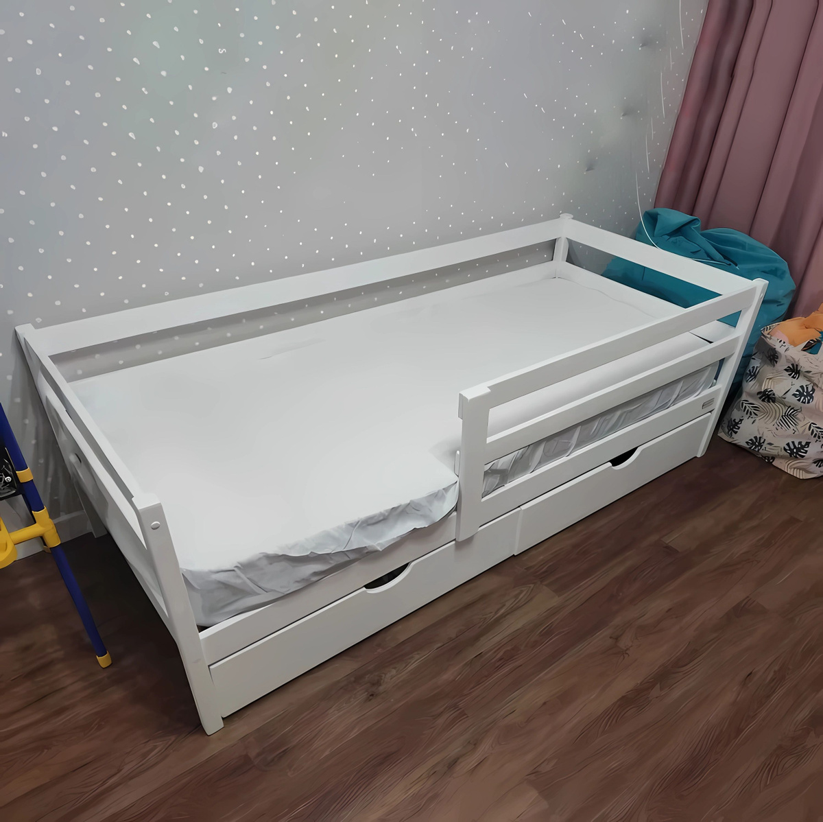 Кровать детская 200х90 с ящиками, с бортиком и матрасом от 3 лет ...