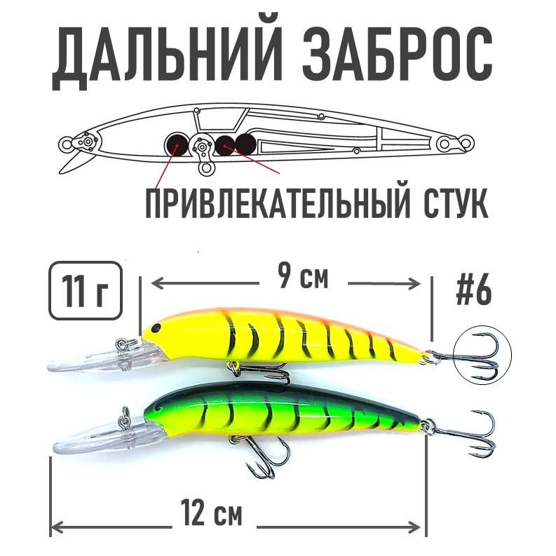 Вес воблера составляет 11 грамм, а его длина 12 см, идеально подойдёт для спиннинговой ловли, а также при троллинге. Воблер заглубляется от 3 до 5 метров, рабочая глубина для множества водоемов при ловле троллингом.