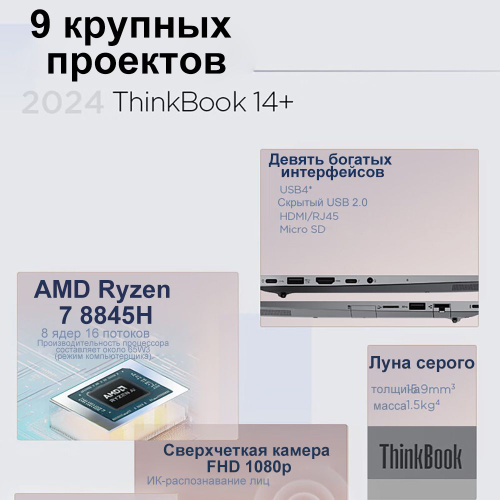 Ноутбук Lenovo, 14, ThinkBook 14+ 2024, AMD Ryzen 7 8845H, 32 ГБ